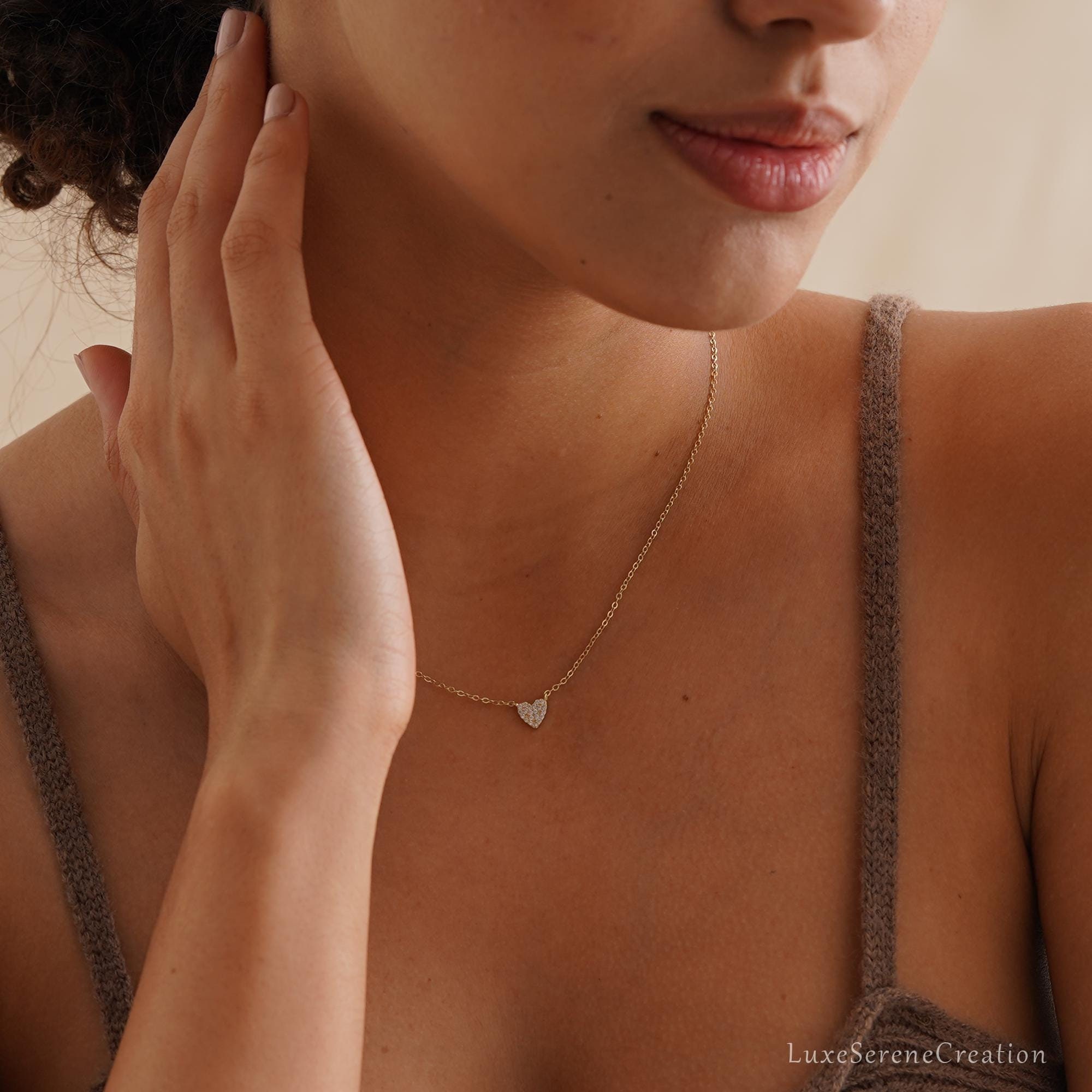 Minimalist Pave Heart Necklace Sterling Silver Pendant Tiny Minimalist Pave Heart Necklace Sterling Silver Pendant Tiny