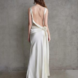 Elegant Open Back Satin Gown With Floral Detail